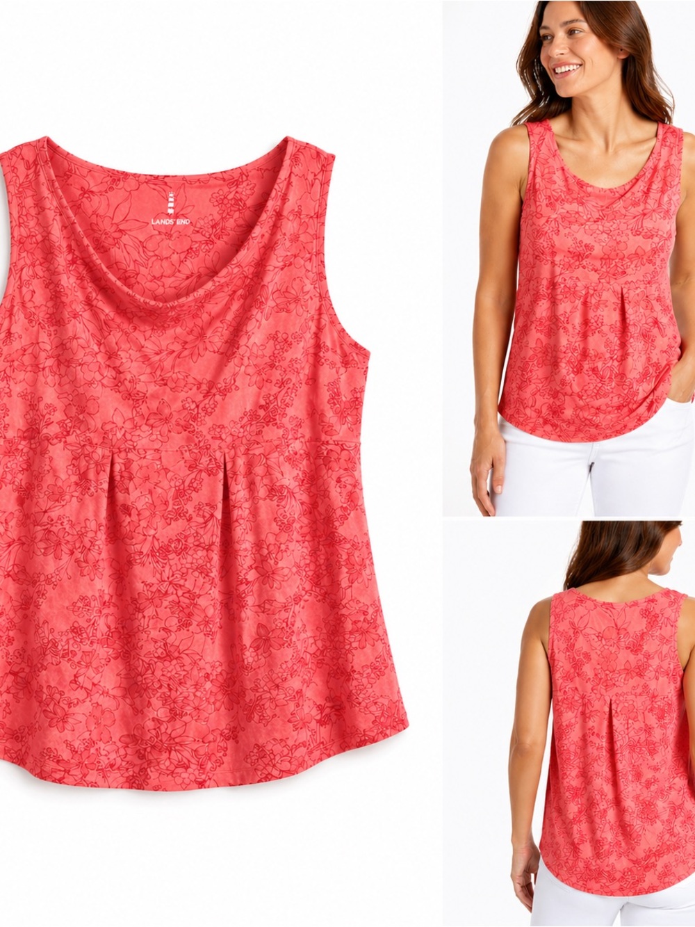 Land’s End Women’s Coral Floral Sleeveless Swing Tank Top Pleated Back Stretch M